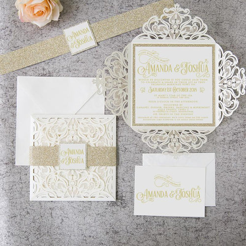 laser cut wedding invitation with glitter belly band DIY Set