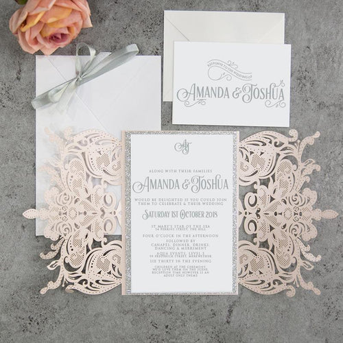 blush laser cut wedding invitation with glitter belly band DIY Set