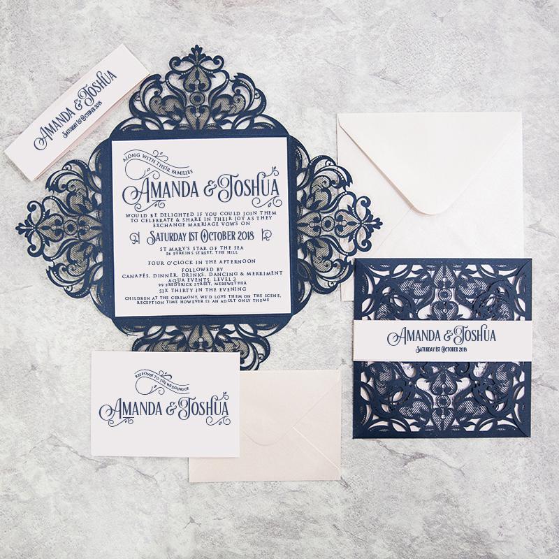 navy laser cut wedding invitation with belly band DIY Set