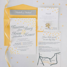 Yellow and grey confetti wedding invitation
