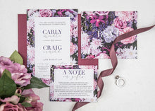 floral wedding invitation with pink & purple flowers