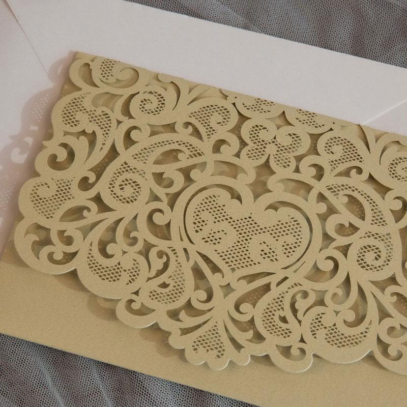 gold pocket fold laser cut wedding invitations