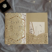 gold pocket fold laser cut wedding invitations