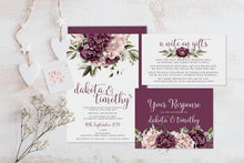 watercolour pink and burgundy peonies wedding invitation