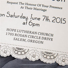 flat laser cut invitation with lace doily