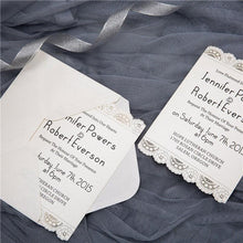 flat laser cut invitation with lace doily