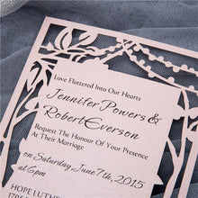flat laser cut invitation with rustic tree string lights