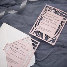 flat laser cut invitation with rustic tree string lights