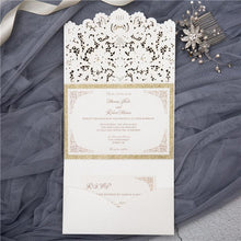 ivory laser cut pocket wedding invitation with lace design