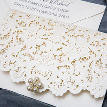 ivory laser cut pocket wedding invitation with lace design