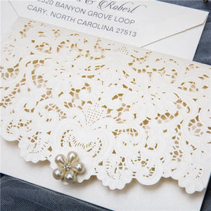 ivory laser cut pocket wedding invitation with lace design