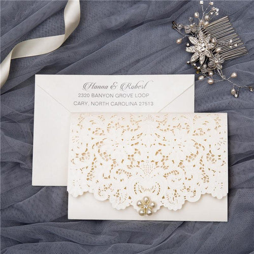 ivory laser cut pocket wedding invitation with lace design