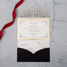 black glitter laser cut pocket wedding invitation
