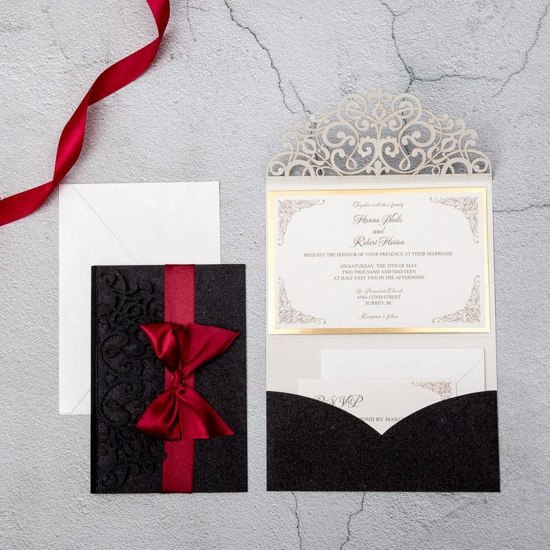 black glitter laser cut pocket wedding invitation