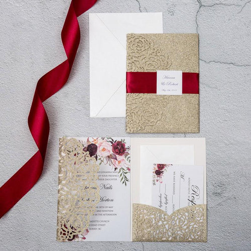 rose gold glitter laser cut wedding invitation pocket