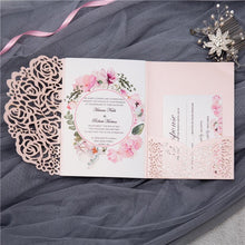 laser cut pocket wedding invitation with rose design