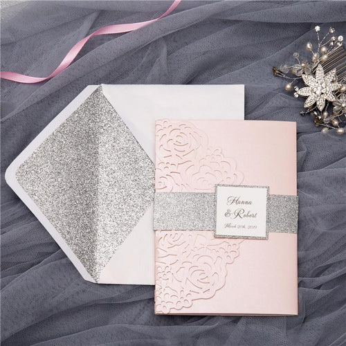 laser cut pocket wedding invitation with rose design