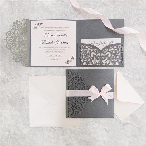 blush and grey laser cut wedding invitation with ribbon - DIY Set