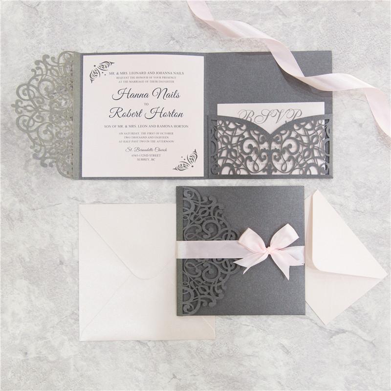 blush and grey laser cut wedding invitation with ribbon - DIY Set
