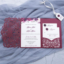 burgundy pocket fold laser cut wedding invitations