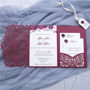 burgundy pocket fold laser cut wedding invitations