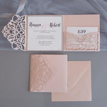 laced crown laser cut pocket wedding invitation blush shimmer