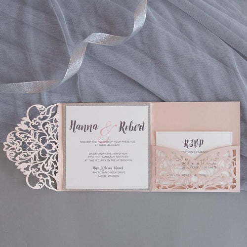 laced crown laser cut pocket wedding invitation blush shimmer