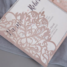 laced crown laser cut pocket wedding invitation blush shimmer