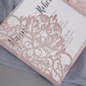 laced crown laser cut pocket wedding invitation blush shimmer