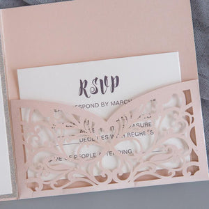 laced crown laser cut pocket wedding invitation blush shimmer