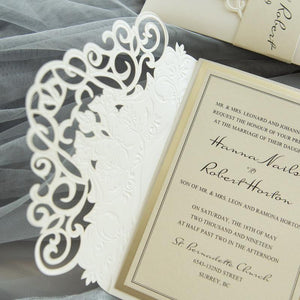 embossed lace laser cut pocket wedding invitation