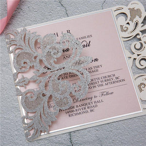 silver glitter gate fold laser cut wedding invitation