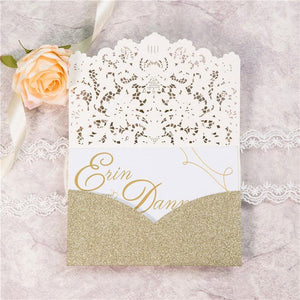 glitter gold laser cut pocket wedding invitation