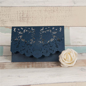 navy blue lace laser cut pocket wedding invitation