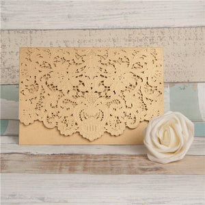 gold lace laser cut pocket wedding invitation