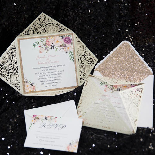cream and ivory laser cut wedding invitation with floral design DIY Set