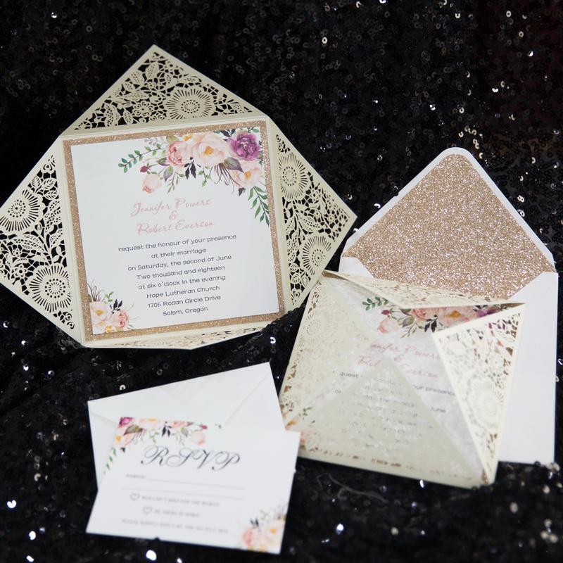cream and ivory laser cut wedding invitation with floral design DIY Set