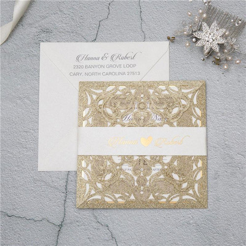 gate fold gold glitter laser cut wedding invitation