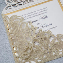 gate fold gold glitter laser cut wedding invitation