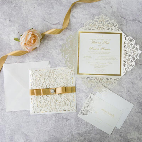 cream and gold laser cut wedding invitation with floral design DIY Set