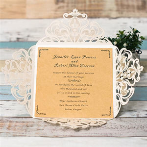 white lace laser cut pocket wedding invitation