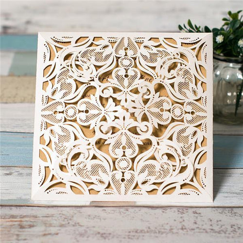 white lace laser cut pocket wedding invitation