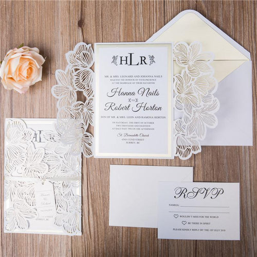 floral laser cut wedding invitation with ribbon and tag DIY Set