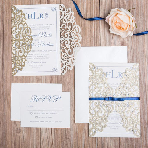 gold glitter laser cut wedding invitation with ribbon DIY Set