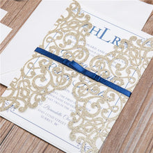gold glitter laser cut wedding invitation with ribbon DIY Set