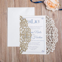gold glitter laser cut wedding invitation with ribbon DIY Set