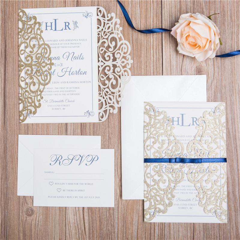 gold glitter laser cut wedding invitation with ribbon DIY Set