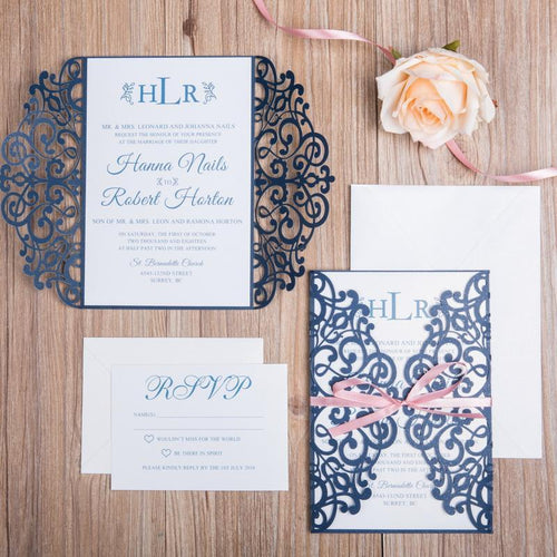 navy laser cut wedding invitation with ribbon DIY Set