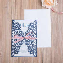 navy laser cut wedding invitation with ribbon DIY Set