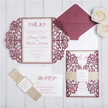 burgundy laser cut wedding invitation with champagne glitter belly band DIY Set